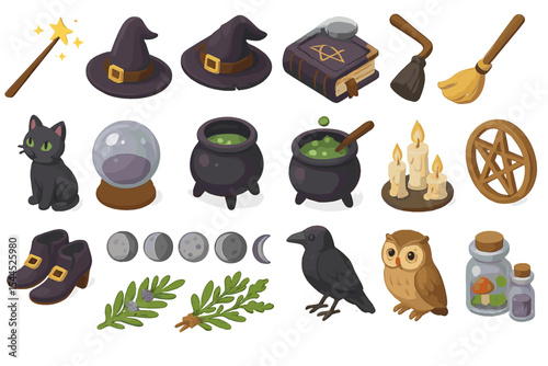 Magical witchcraft items including hat, wand, cauldrons, and spellbook