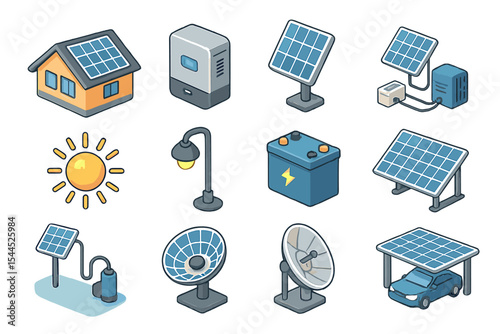 Solar energy icons: panels, battery, sun, solar pump, carport, dishes