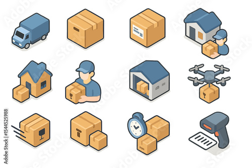Icons of delivery and shipping - boxes, drones, packaging, homes, scanning