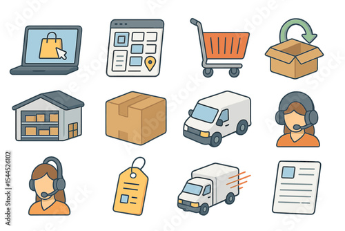 E-commerce and delivery icons set featuring logistics and customer service