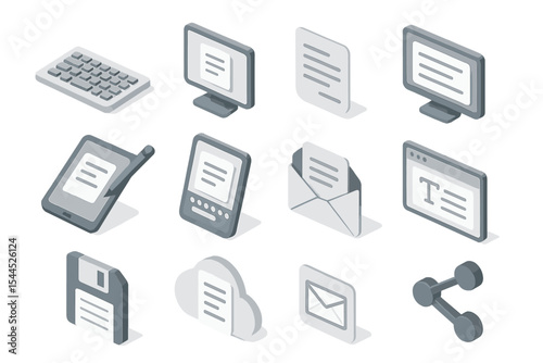 Isometric set of digital icons representing communication and technology