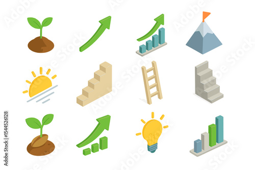 Colorful growth and success icons with progress and achievement symbols