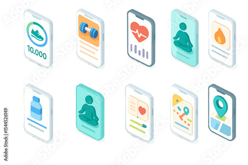 Isometric fitness app icons on smartphones for health and exercise tracking
