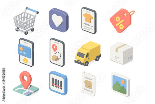 Isometric online shopping icons: cart, delivery, discount, location, receipt