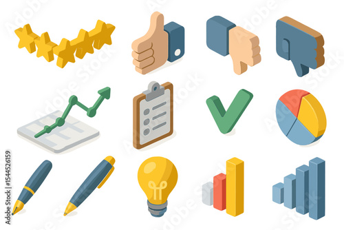 Isometric icon set featuring ratings, graphs, and business elements