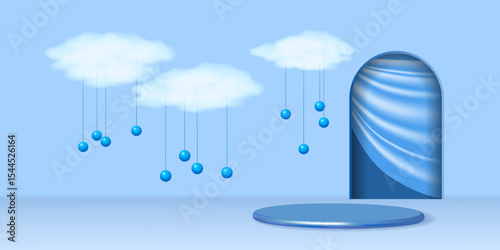 Realistic 3d scene with white clouds, round podium and arched entrance