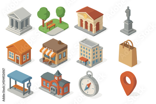 Colorful isometric icons of city buildings and landmarks