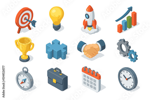 Colorful 3d business icons: growth, strategy, success, innovation, teamwork