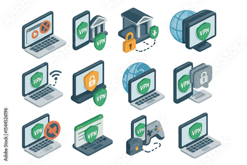Vpn security and protection icons on digital devices