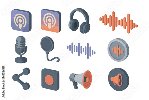 Abstract audio icons featuring podcast, microphone, headphones, and speaker symbols