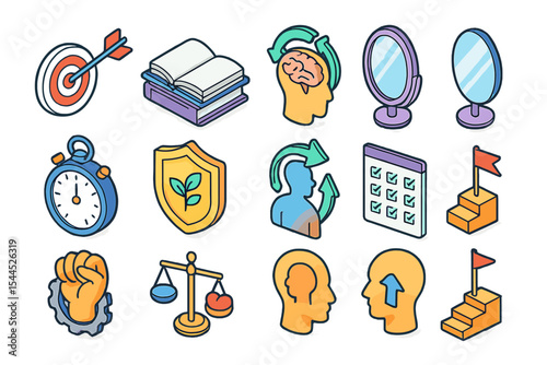 Colorful icons of goal setting, learning, reflection, and personal growth