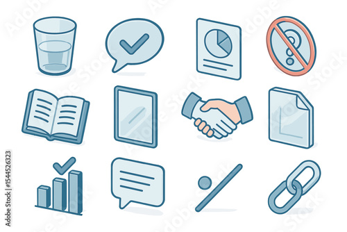 Business and education icons featuring graphs, books, and communication symbols