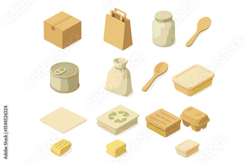 Sustainable packaging options: boxes, jars, utensils, and eco-friendly materials