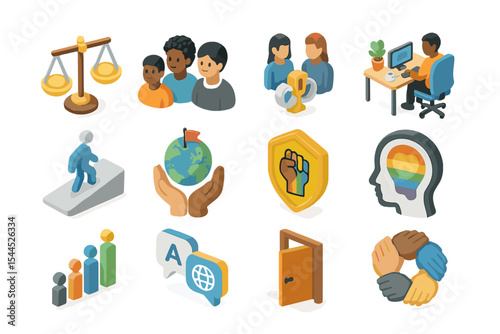Diverse community icons representing justice, equality, communication, and unity