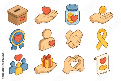 Charitable donation icons set featuring hearts, hands, coins, ribbons, and gifts