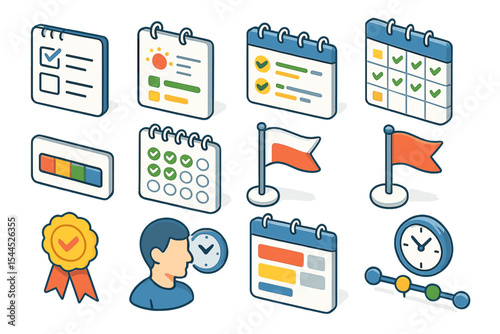 Isometric task management icons with calendar and clock elements