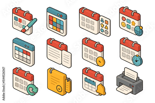 Isometric calendar icons with planning, note, and notification elements