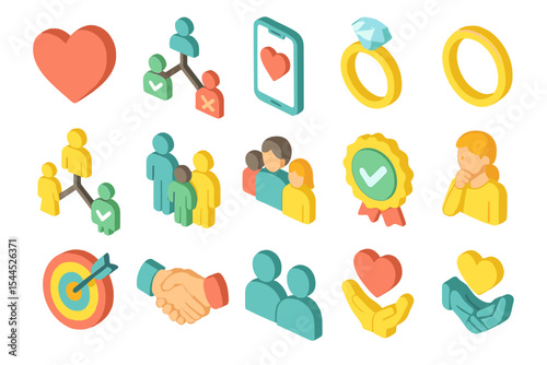 Colorful isometric love and relationship icons with heart and ring symbols