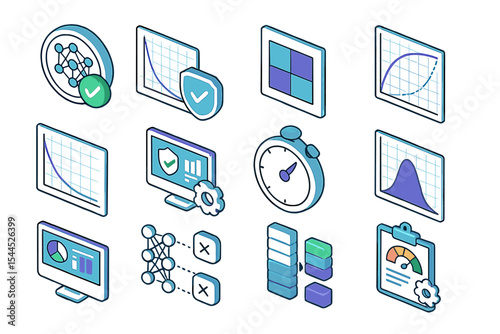 Data analysis icons collection featuring graphs and diagrams