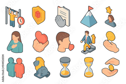 Colorful leadership and growth icons featuring various success symbols