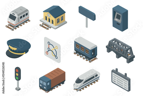 Isometric icons of various train and railway elements on gradient background