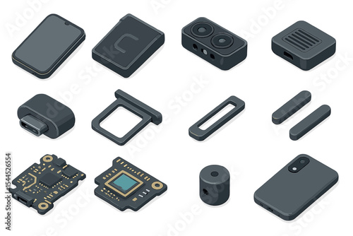 Isometric smartphone components: camera, speaker, circuit board, ports visualized