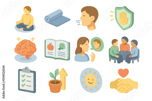 Wellness icons depicting meditation and mental health practices