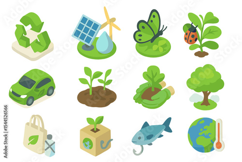 Eco-friendly symbols illustrating sustainable energy and environmental conservation