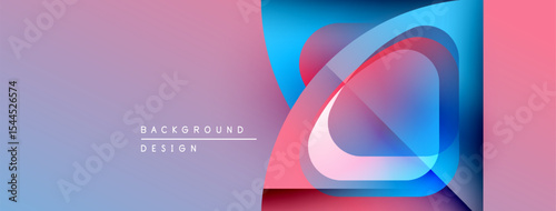 Abstract design features layered circles, vibrant colors. Gradient background transitions from purple to pink, blue hues present. Minimal text reads background design.