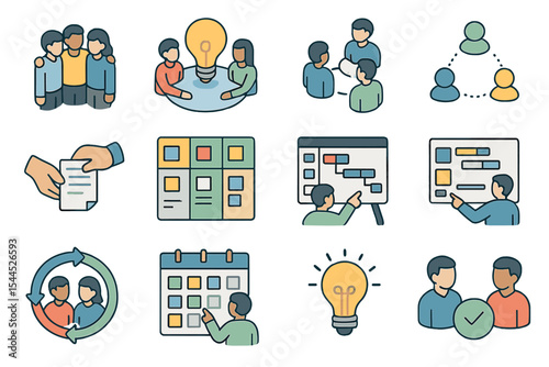 Teamwork and project management icons for collaborative workflows