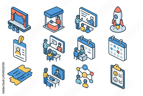 Colorful isometric icons of office and event planning activities