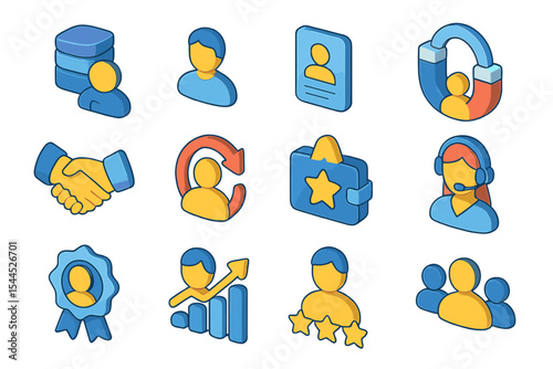 Colorful business and customer service icons set on gradient background