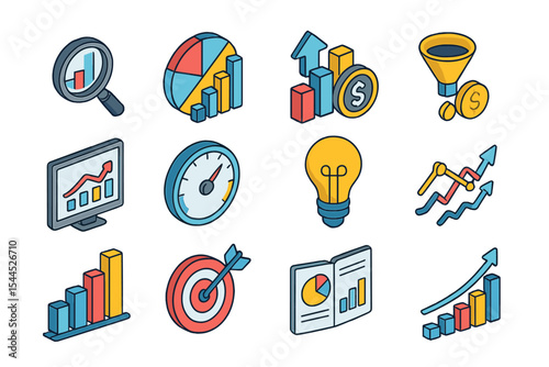 Colorful business analytics icons featuring graphs, targets, and light bulbs