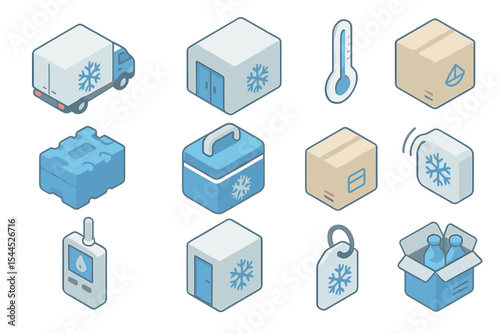 Cold chain logistics icons: temperature control and storage solutions