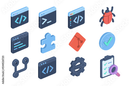 Futuristic code and development icons with bug and puzzle elements