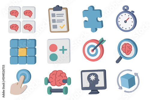 Collection of colorful brain and puzzle game icons on dark background