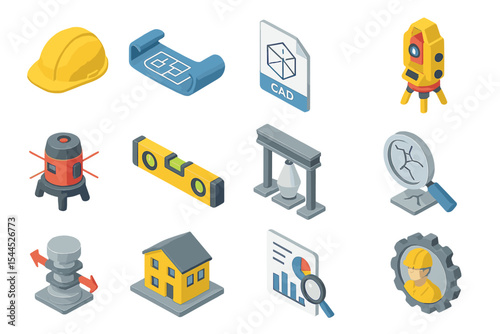 Construction and engineering icons: tools, cad, and surveying equipment