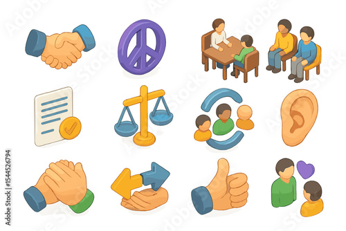 Communication and cooperation icons featuring diverse interactions and symbols