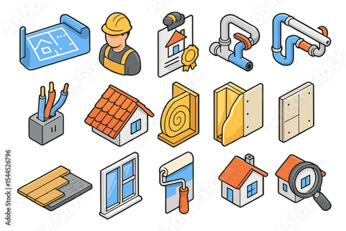 Construction and renovation tools and materials icons set