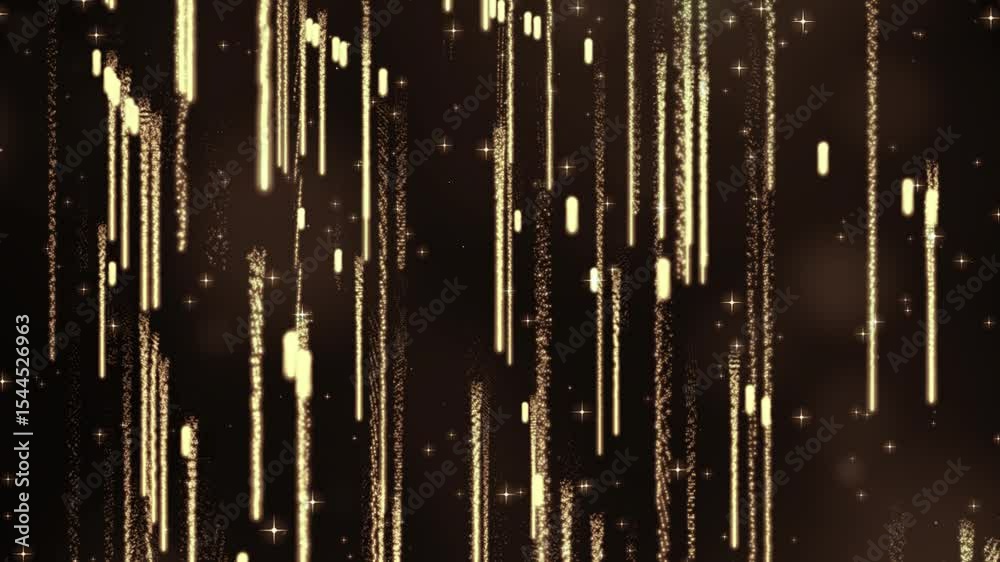 Gold transition sparkle effect on black backgrounds. Animation of gold glow glittering particles bokeh lines falling on dark background