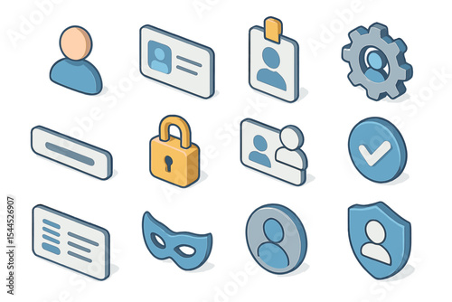 Isometric icons of privacy and security with user profile and lock symbols