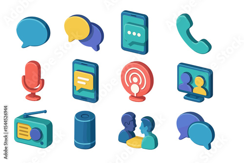 Colorful communication icons: podcast, chat, call, microphone, broadcast