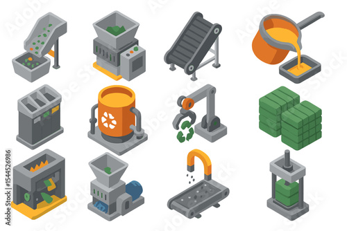 Isometric recycling plant equipment icons in industrial style