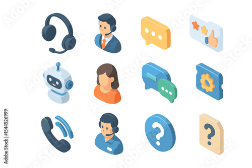 Isometric customer support icons with diverse communication elements