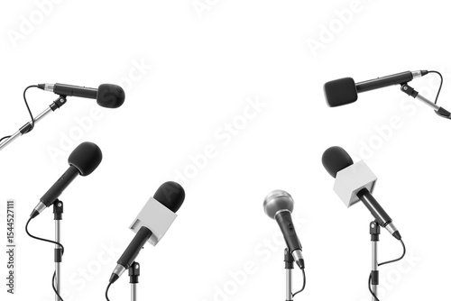 Multiple microphones on stands arranged for a press conference or media interview on white background. Concept of communication and press event setup. 3D Rendering