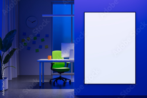Modern office interior with blank poster mockup on blue wall for advertising or design presentation concept in clean bright workspace.. 3D Rendering
