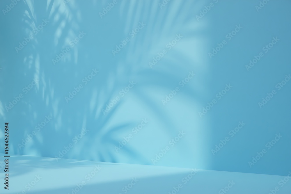 Fototapeta premium Serene Blue Background with Palm Leaf Shadows Perfect for Summer Product Displays or Tropical Designs
