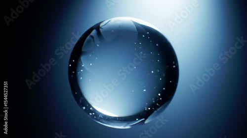 Rotating glass sphere on black, animated reflections, pulsing halo, and drifting particles for cosmic effect