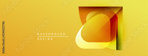 Abstract geometric design. Yellow background features layered translucent squares creating dynamic visual effect. Modern style.