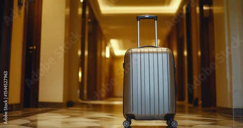 A close-up shot of an elegant suitcase being pulled by the handle, standing in front of a hotel corridor with a light background. 